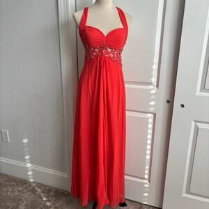 VTG Caché Coral Red Chiffon Prom Dress Gown Cutout Beaded Waist Y2K Formal Sz 2